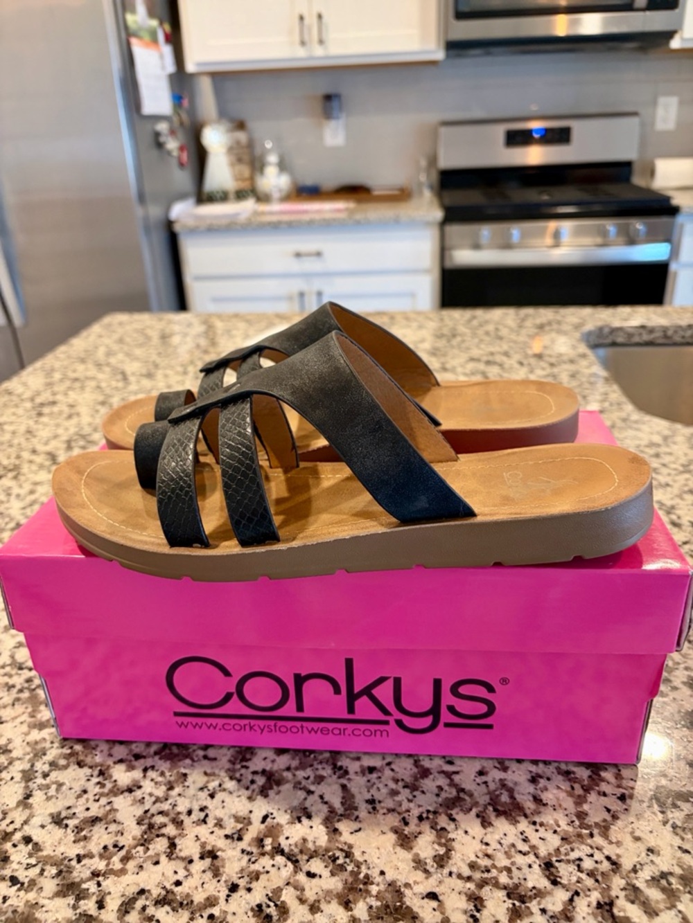 Corkys Black Slide Sandals (Box) - Picture 2 of 6
